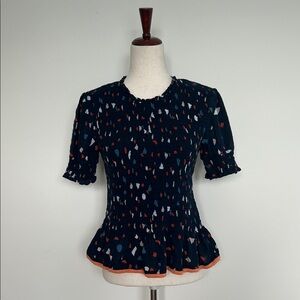THML Navy Blouse with Orange and White Pattern